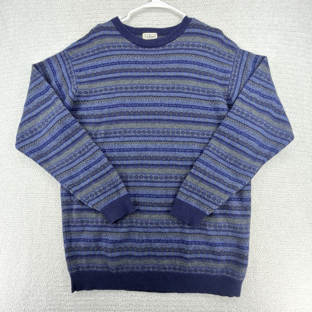Vintage L.L.Bean Men's XL Tall Lambswool Fair Isle Crew Neck Sweater Blue